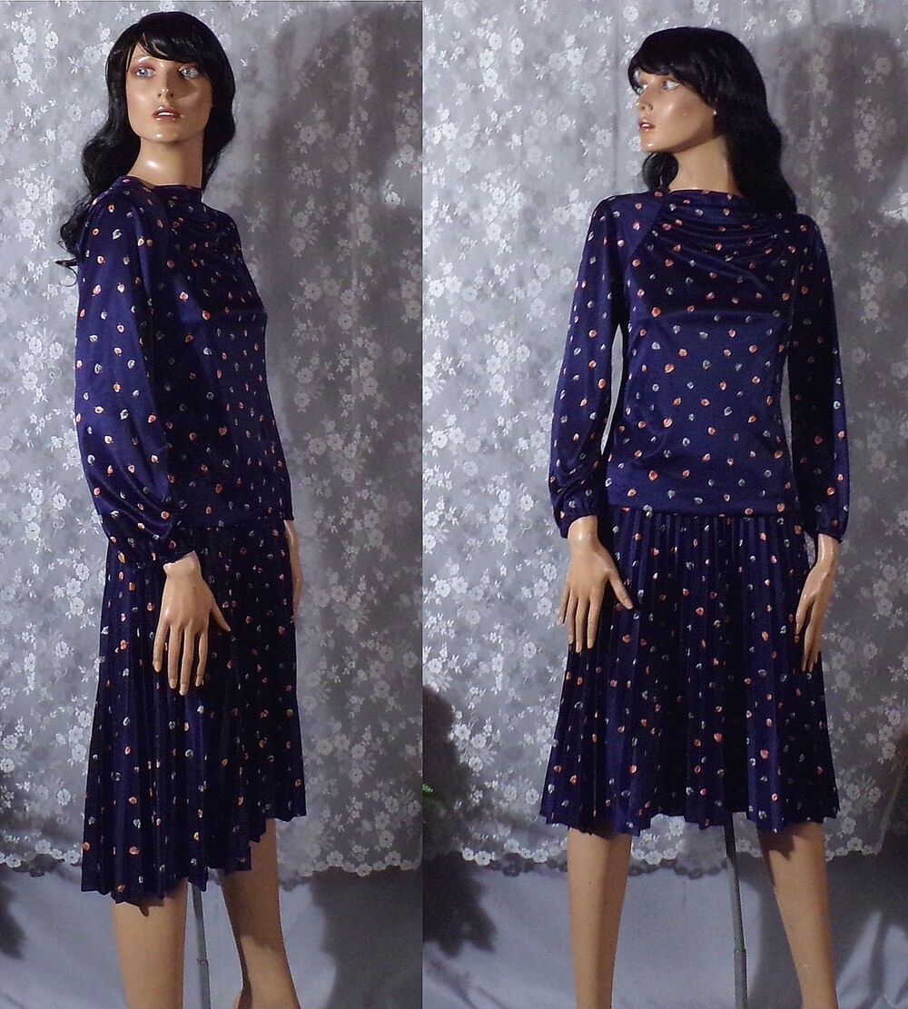 Vintage 70s Fall Leaves Dress Size Small S/M Navy Blue Academia Autumn Preppy